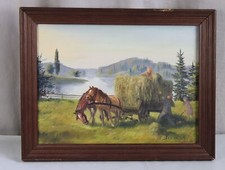 B8/ Öl Gemälde handsigniert - Heu Ernte mit Pferden und Arbeiter - 46x36 cm /317