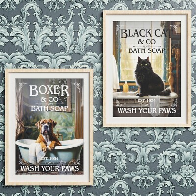 Badezimmer Wandkunst, Hunde Katzen in Badewannenposter, 19 beliebte Hunderassen + schwarze Katze