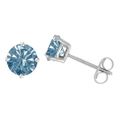 Stud 5 MM Round Blue Moissanite Women Earring 14k White Gold Plated