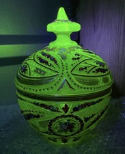 Antique Bohemian Vaseline Uranium Cut Glass Enameled Candy Dish Bonbonniere