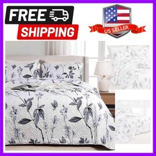 Quilt Set Queen Full Size 3 Pcs, White and Grey Floral Leaf Spring Bedspreads...