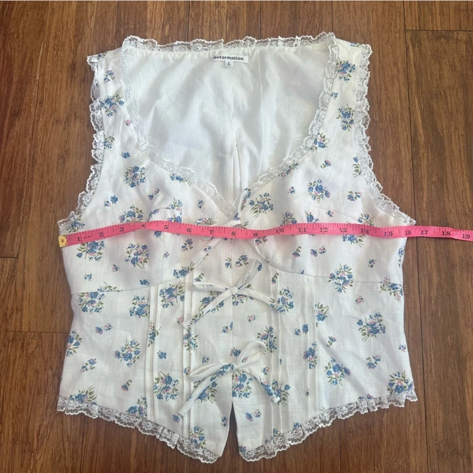 NUEVO SIN ETIQUETAS Reformation Brenda Lino Top Talla 4 Mujer’s Top Lazo Floral Encaje Camisa Foto 4 de 4