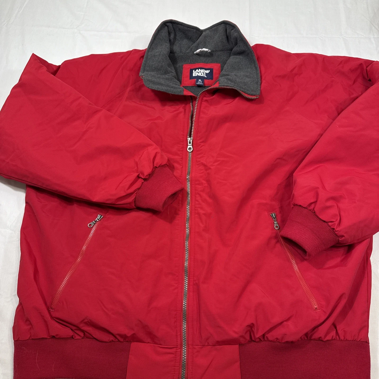 Jacket BOMBER Men's XL Red Full Zip Fleece Lined Winter Coat Outdoor LANDS END