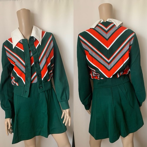 Vtg 70s Forrest Green Orange Gray & White Chevron Pattern Polyester Dress Set