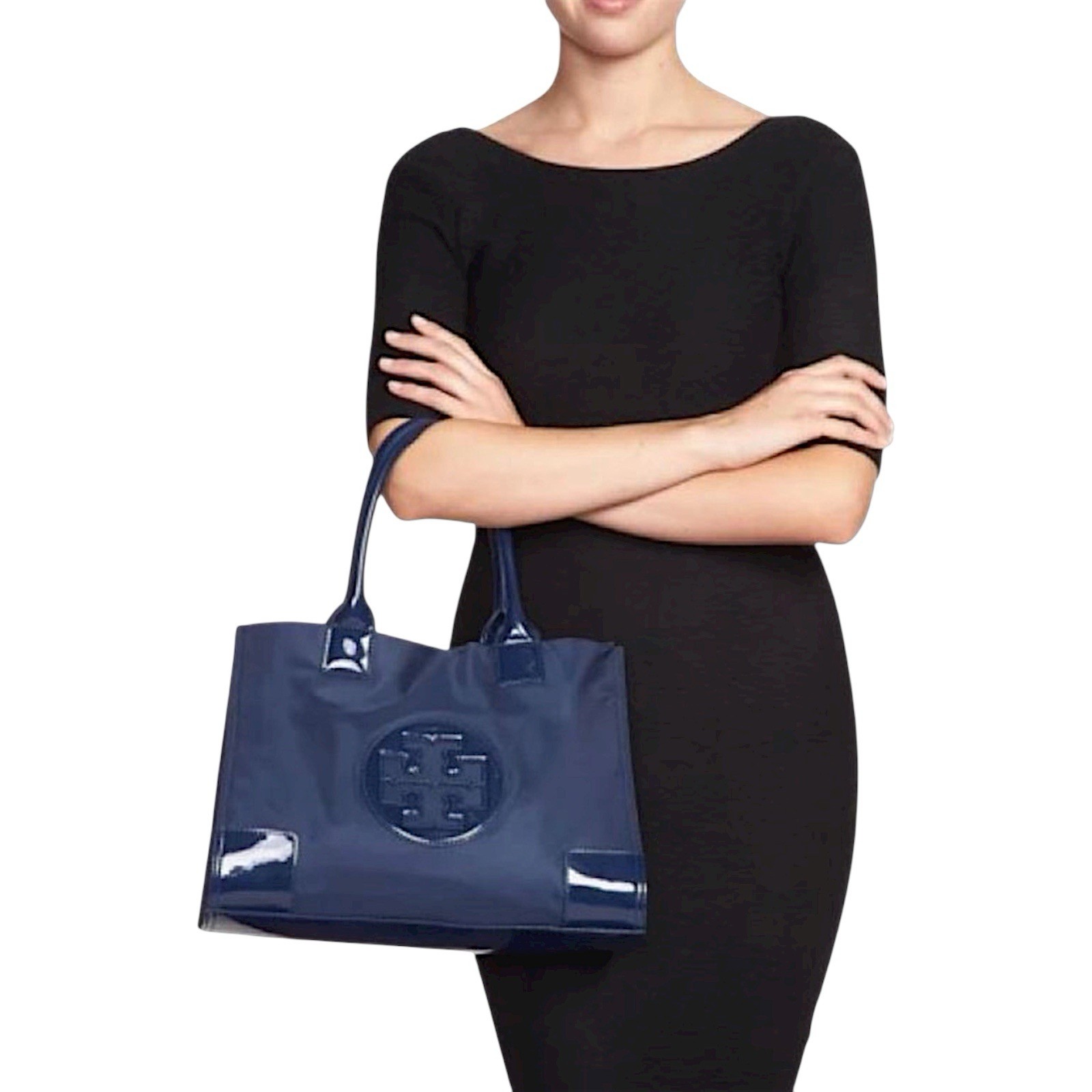Tory Burch Small Ella Patent Leather Tote Bag Nylon Purse Navy Blue Women thumbnail 2
