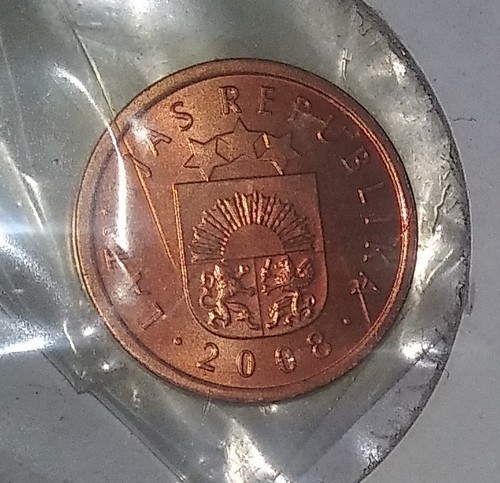 2008 Latvia 1 Santims Coin , Coat Of Arms, 3 Stars Above Shield, Gem B.U. Coin !
