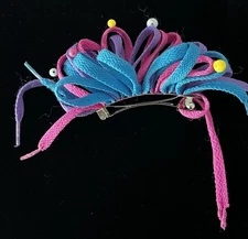 Vintage 1980s Shoelace Hair Bow Barrette Clip Updo Ponytail Pink Blue Purple