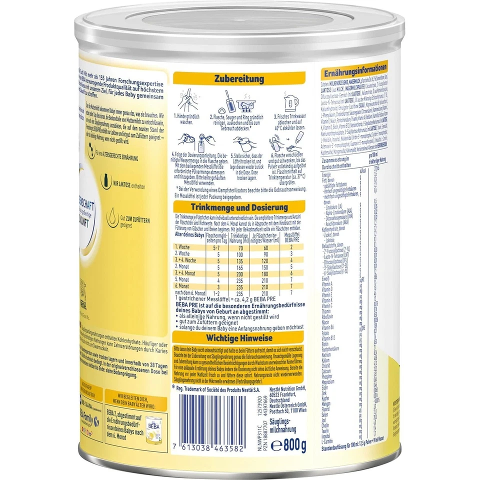 Nestlé BEBA Pre Anfangsmilch (6 x 800g) Anfangsnahrung von Geburt an - Bild 4 von 4