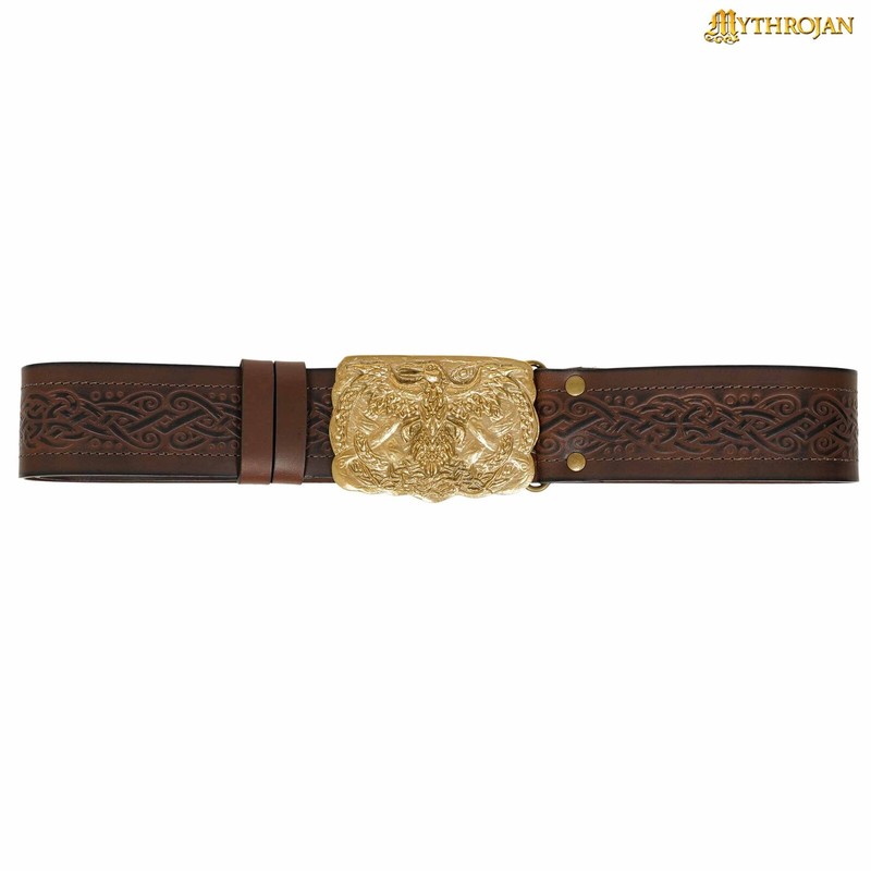 Handmade Leather Belt with Embossed Design Heavy Brass Buckle Belt - 45.25 Inch