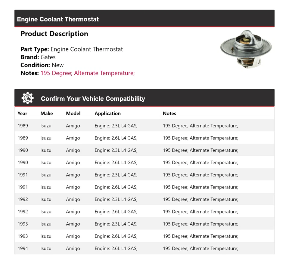For 1989-1994 Isuzu Amigo Engine Coolant Thermostat Gates 1990 1991 1992 1993 - Image 2 of 4