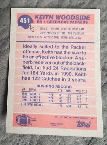 1991 Topps Football Card #451 Keith Woodside - Green Bay Packers - Picture 2 of 2