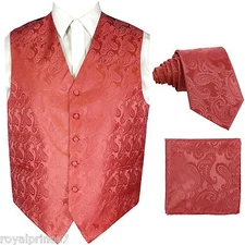 CORAL XS to 6XL Paisley Tuxedo Suit Dress Vest Waistcoat & Neck tie And Hankie