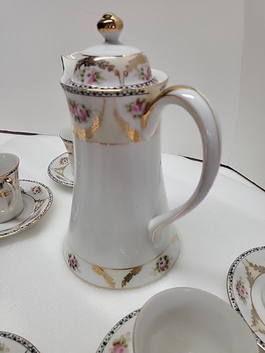 Noritake Morimura Japan Chocolate Tea Pot Set 6 Cup & Saucers Gold Roses Antique - Picture 10 of 13