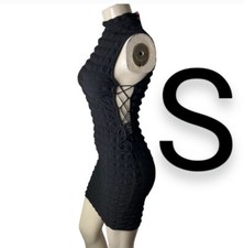 🆕Black Bubble Textured Mock Neck Side Lace Up Tie Stretchy Bodycon Dress~Size S