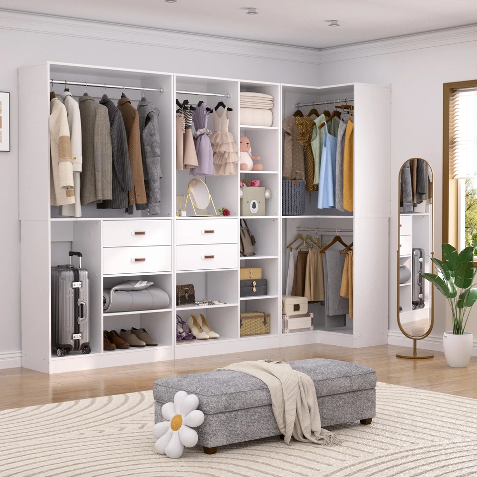 Juego de 3 sistemas organizadores de armario de esquina de 110"" con cajones de madera y varillas colgantes Foto 2 de 4