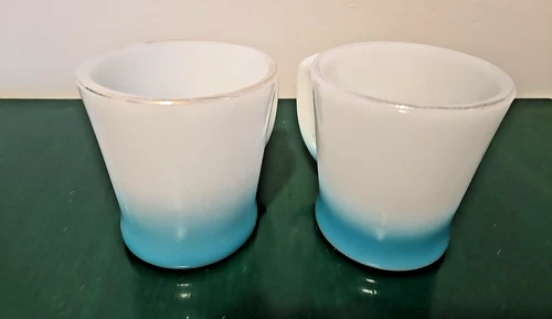 2 Vintage  D Handle  Fire King  Teal And White Gold Rim Mugs / Cups