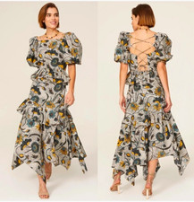 Ulla Johnson Gray Black Yellow Floral Puff Sleeve Square Neck Cutout Midi 10