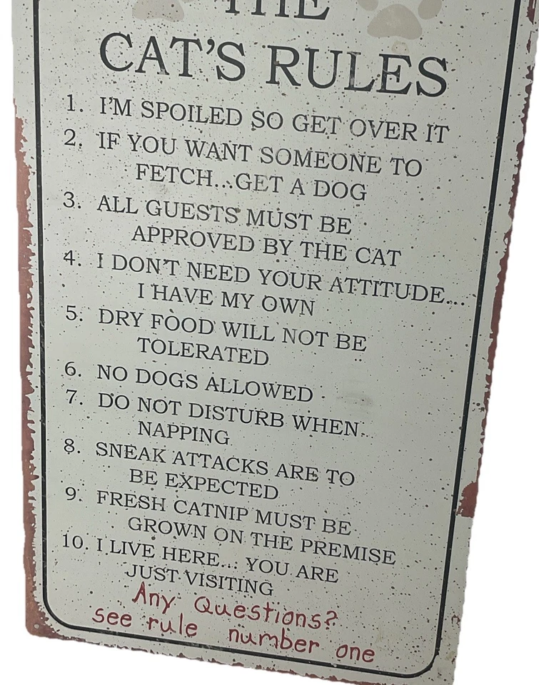 Funny Cats 10 The Cat’s Rules Made Of Tin 16” Tall x 10% Wide Rustic Styl - Image 2 of 3