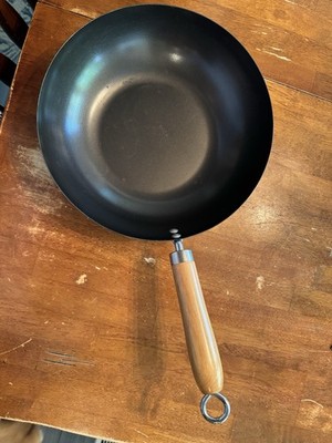 12 Inch Carbon Steel Wok Pan Stir Fry Pan With Wood Handle & Flat Bottom 