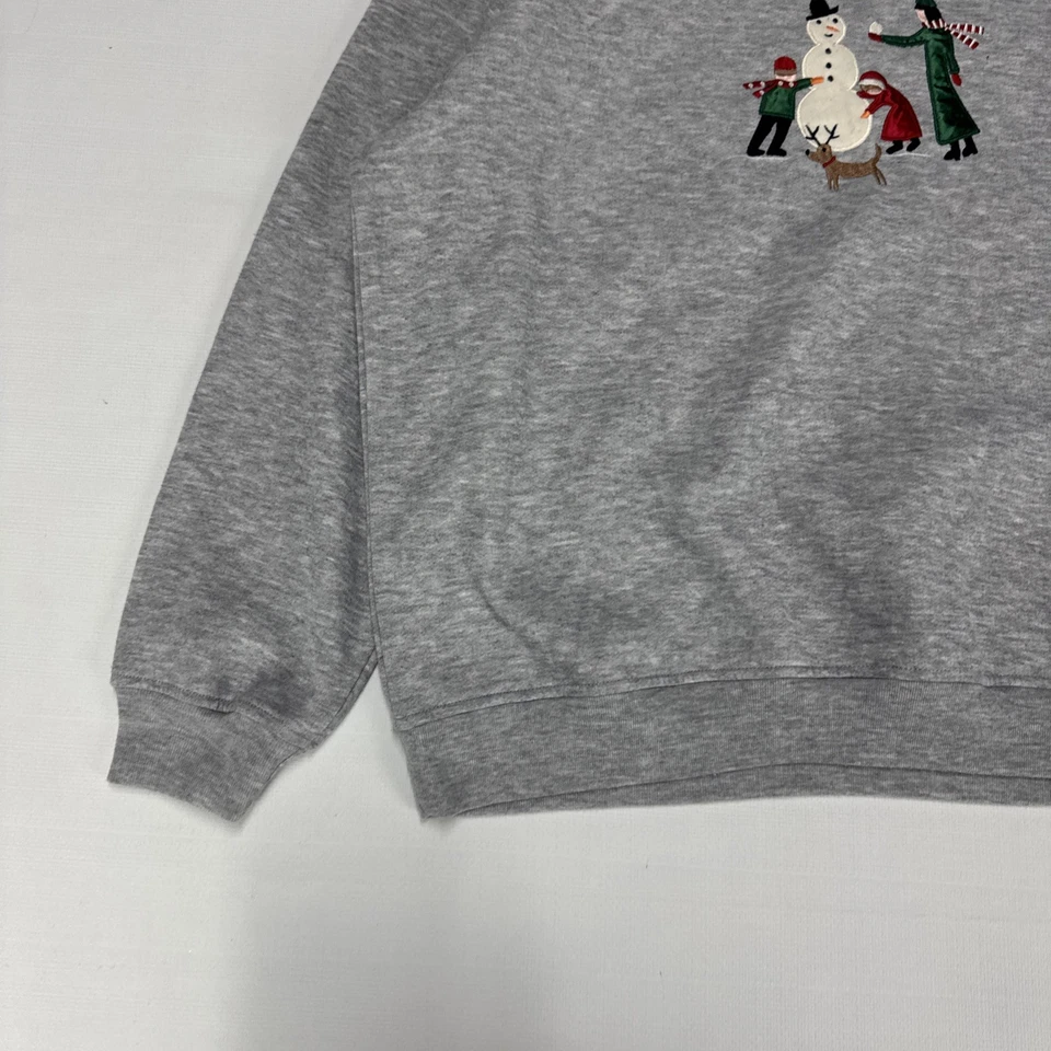 Vintage CHRISTMAS Jumper Adult XL Heather Grey Embroidered Snowman Family - Image 3 of 4