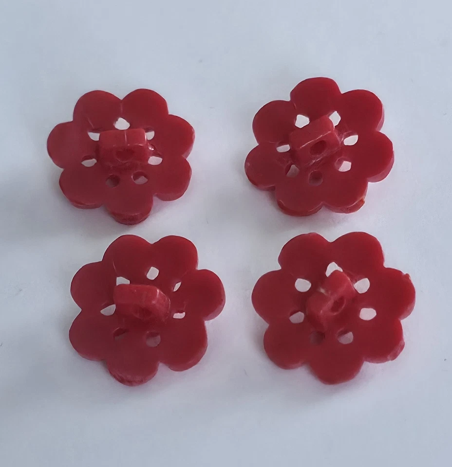 Vintage Molded Box Shank Buttons Floral Pierced Plastic Pearlescent Red 4pcs  - Image 4 of 4