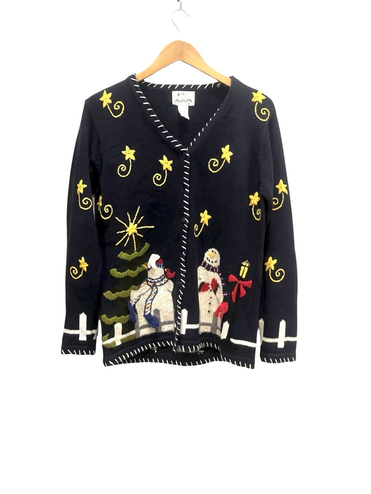 Quacker Factory Button Cardigan Snowmen Women Size S Blue Starry QVC Winter New