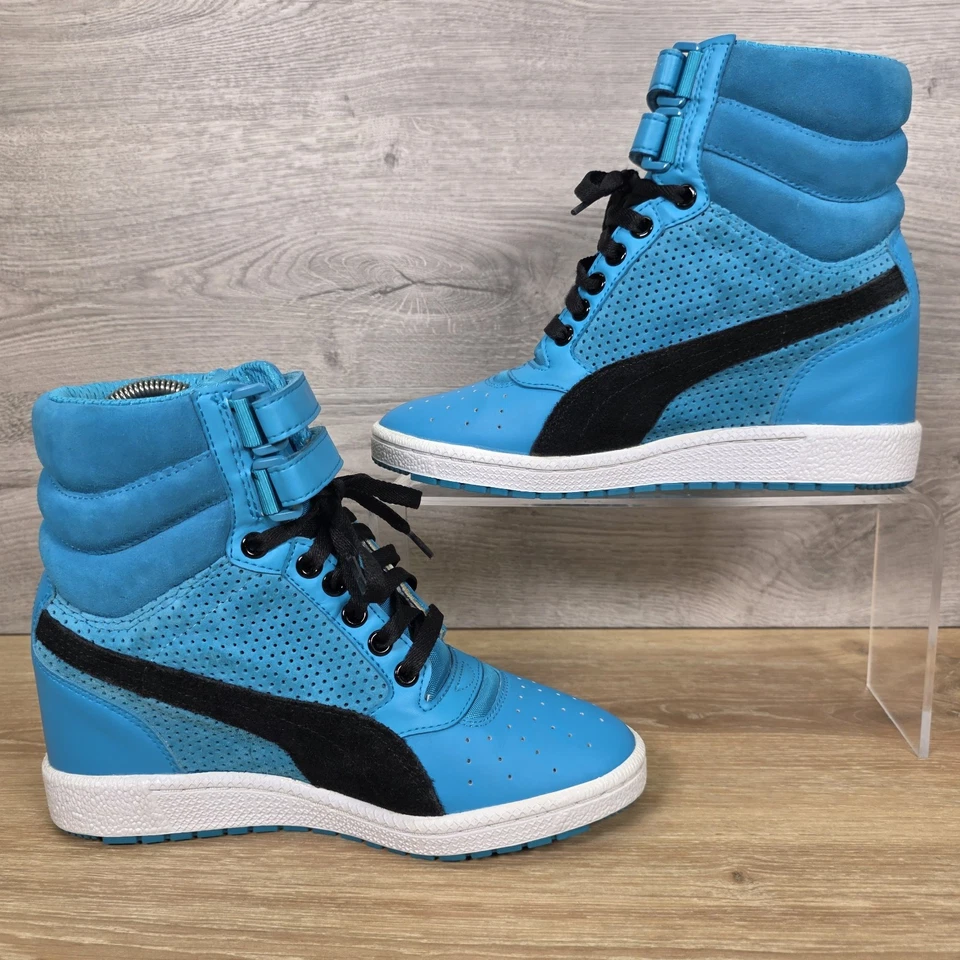 Puma Sky Contact UK 4.5 Blue Teal Leather Suede Hidden Wedge Retro Hi Top Shoes - Image 2 of 4