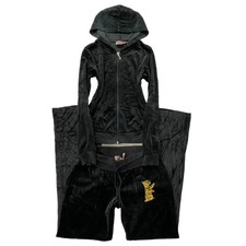 Juicy Couture Women's Black Velour Tracksuit Set Hoodie  Flared Pant Y2k Size M
