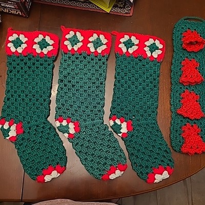 3 Granny Square Christmas Stockings Red White Green Crochet Handmade Door Hanger