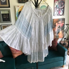 ELAN Soft Gauzy White & Blue Print Bell Sleeve Off Shoulder Tunic Blouse O/S