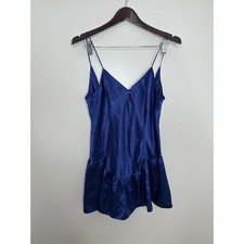 Victoria's Secret Women's Blue Satin Babydoll Slip Dress Ruffle Teddy Size M
