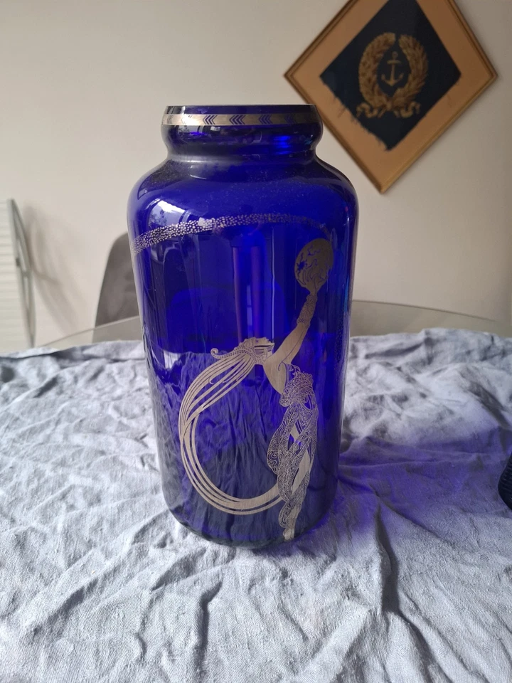 Vase ancien Erte "Fireflies" verre bleu et métal argenté par Franklin Art Deco - Photo 1/4