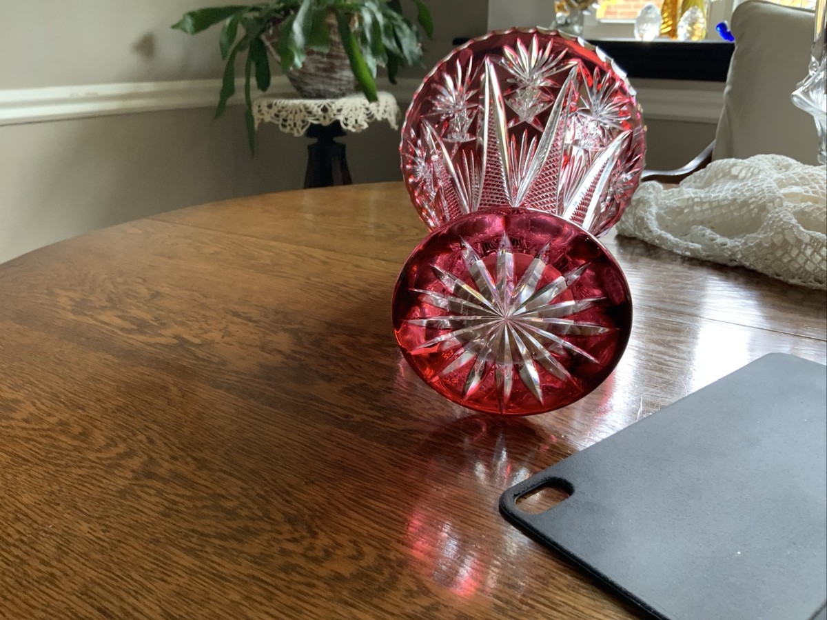 GERMAN BLEIKRISTALL CRANBERRY RED CUT/CLEAR 24% LEAD CRYSTAL VASE
