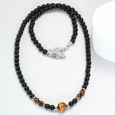 Natural Tiger Eye Obsidian Stone Beaded Necklaces for Men Stainless Steel Clasp