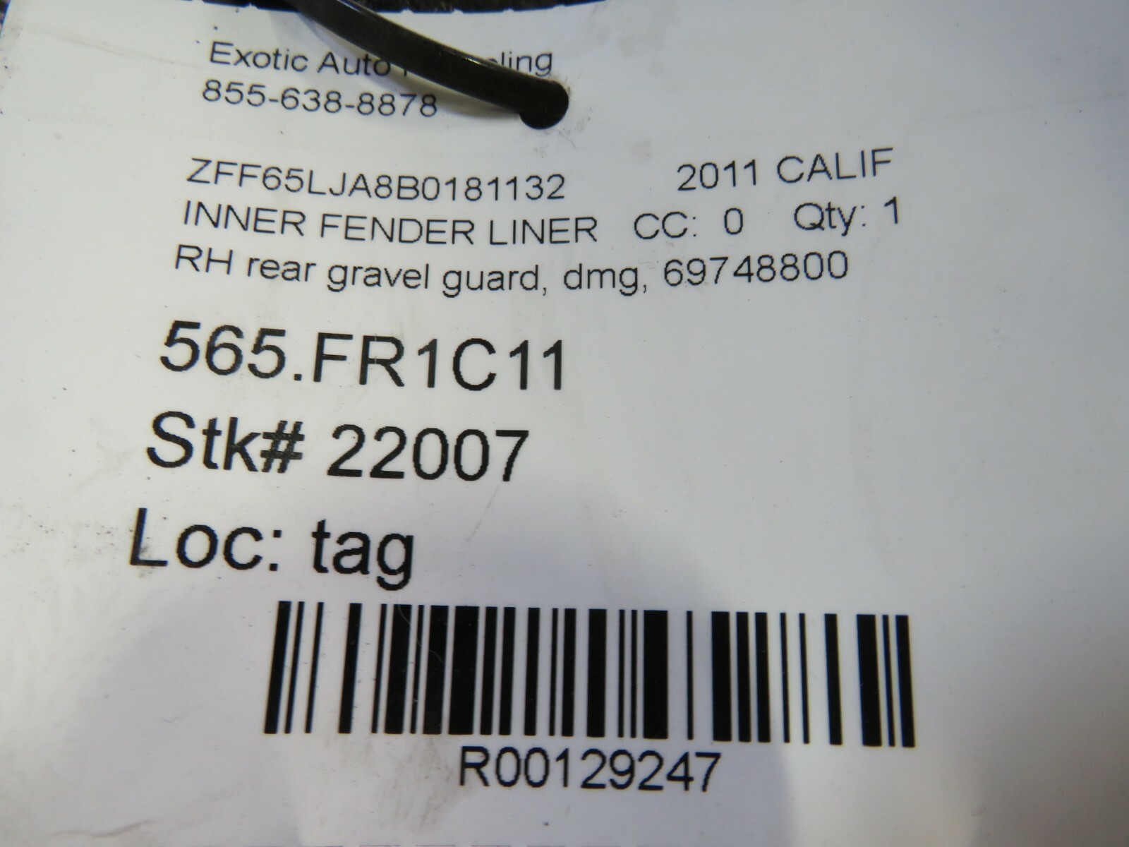 Ferrari California, RH, Right, Rear Gravel Guard, Dmg, Used, P/N 69748800