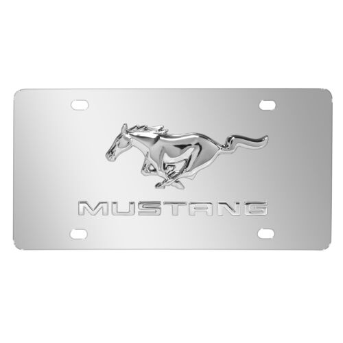 Ford Mustang Pony and Name Double 3D Logo Chrome Stainless Steel License Plate - Foto 1 di 5