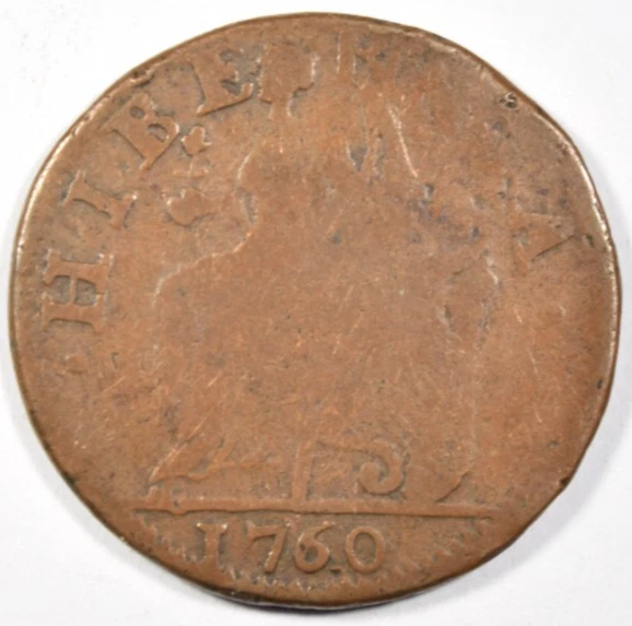 Medio centavo de cobre colonial Hibernia Voce Populi 1760 - ¡Variedad de error VOOE! Foto 2 de 2