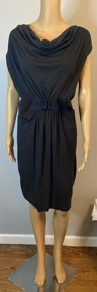 LANVIN grey wool ruched dress with black satin bow SZ 42 - Image 2 of 4