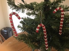 3 Beaded Silver and Red Candy Cane Christmas Tree Ornaments