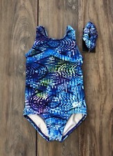 NWT GK Elite Green Blue Purple Gymnastics Leotard Child X-Small CXS 2-4T