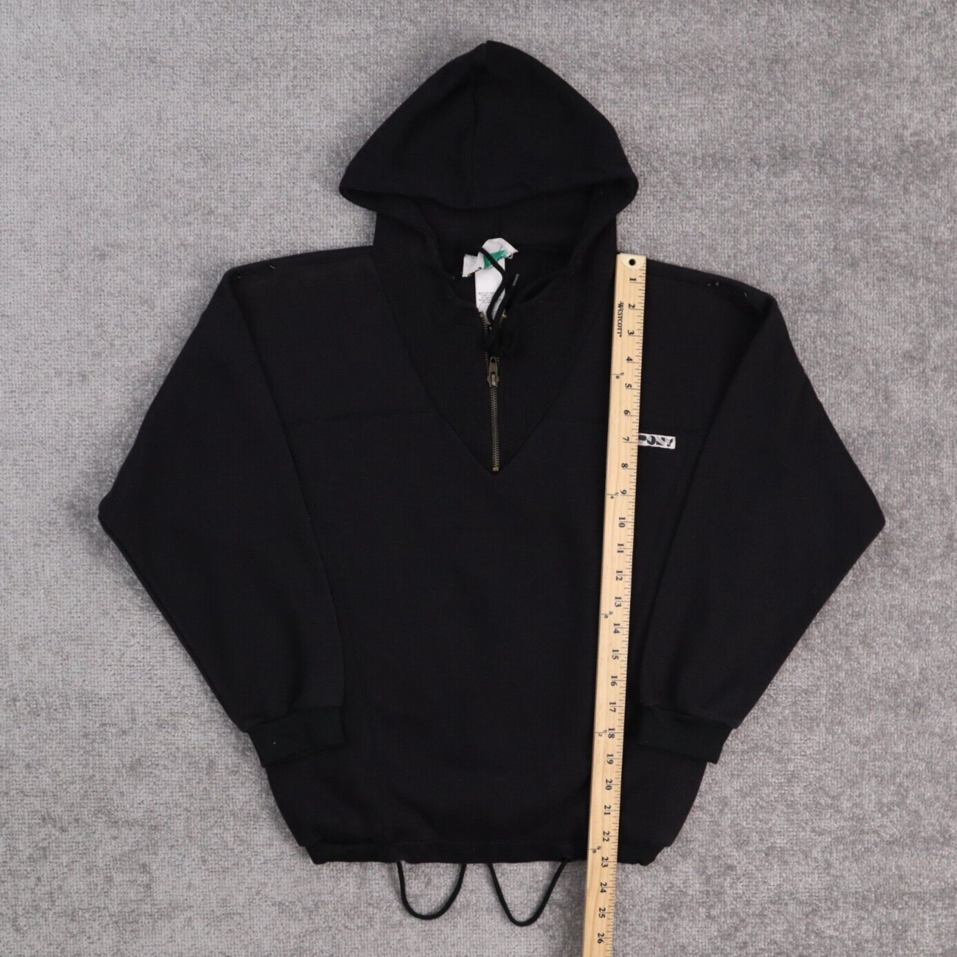 Felpa con cappuccio pullover vintage anni 80 PONY media tinta unita nera 1 4 zip manica lunga