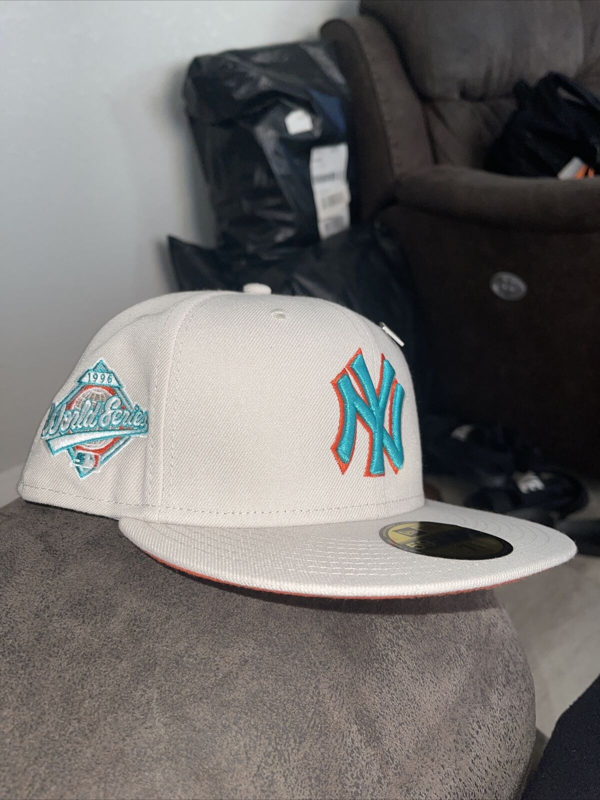new era 59fifty 7 5/8 new york yankees fitted Stone color with orange 
