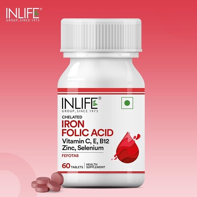 INLIFE Chelated Iron Folic Acid with Vitamin C, E, B12, & Zinc - 60 Tablets