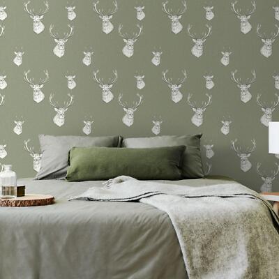 Stag Head Wallpaper 165515 Sage Textured Fabric Catherine Lansfield Muriva