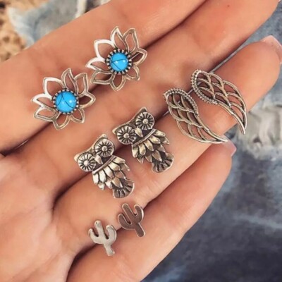 4er Set Vintage Mode Eule Feder Blume große Ohrstecker