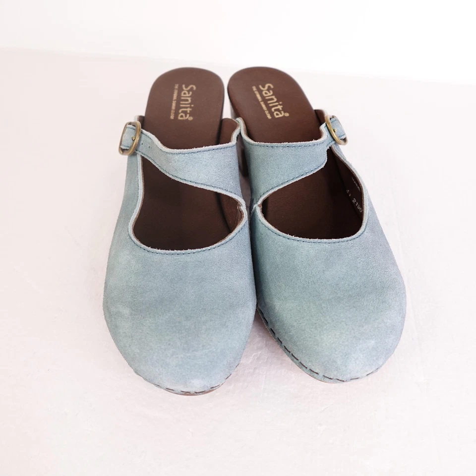 Sanita Shoes Womens Size 41 Blue Suede Mary Jane Clogs Wooden Heel Strap Comfort - Image 3 of 4