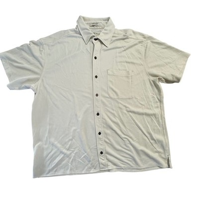 Orvis Mens XL Short Sleeve Button Down Shirt Cream Tencel Blend Textured Pockets