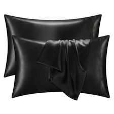 SATIN SILK-LIKE PILLOWCASES / KING SIZE / BLACK / ENVELOPE ENCLOSER / SET of TWO