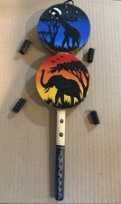Wood Monkey Stick Analog Percussion Shaker Rattle w/ Elephant Painted Design