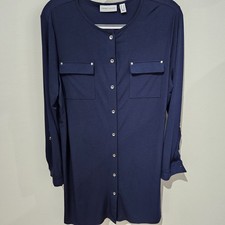 Susan Garver Women's Size L Knee Length Navy Blue Dress Slits Roll Tab Sleeve